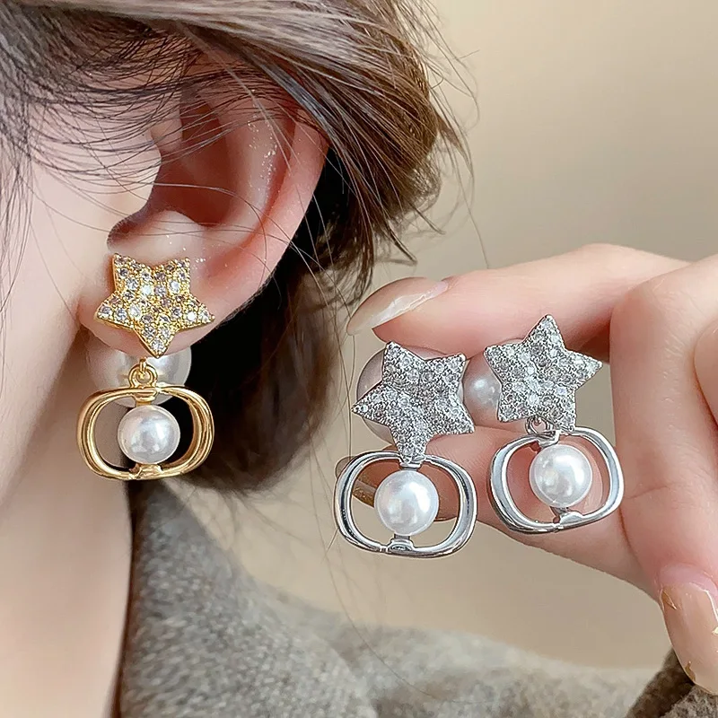 Lennik Exquisite Fashion Zircon Star 925 Sterling Silver Stud Earrings, Faux Pearl Luxury Design, Versatile for Daily/Party,