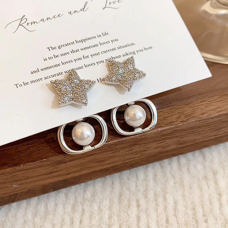 Lennik Exquisite Fashion Zircon Star 925 Sterling Silver Stud Earrings, Faux Pearl Luxury Design, Versatile for Daily/Party,