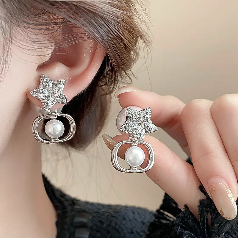 Lennik Exquisite Fashion Zircon Star 925 Sterling Silver Stud Earrings, Faux Pearl Luxury Design, Versatile for Daily/Party,