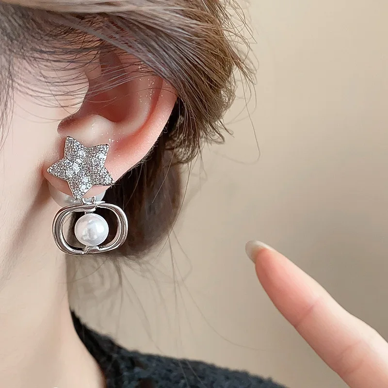 Lennik Exquisite Fashion Zircon Star 925 Sterling Silver Stud Earrings, Faux Pearl Luxury Design, Versatile for Daily/Party,