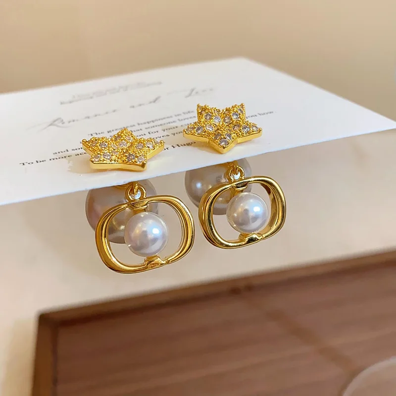 Lennik Exquisite Fashion Zircon Star 925 Sterling Silver Stud Earrings, Faux Pearl Luxury Design, Versatile for Daily/Party,