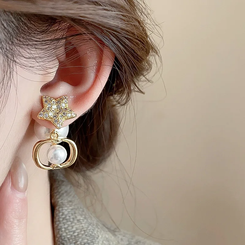 Lennik Exquisite Fashion Zircon Star 925 Sterling Silver Stud Earrings, Faux Pearl Luxury Design, Versatile for Daily/Party,