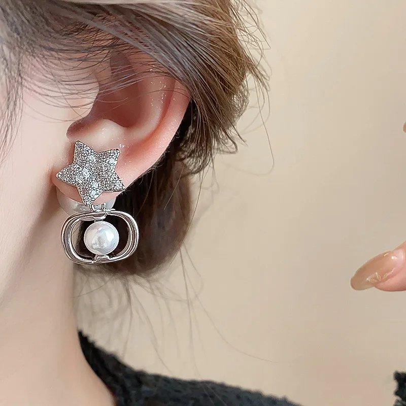 Lennik Exquisite Fashion Zircon Star 925 Sterling Silver Stud Earrings, Faux Pearl Luxury Design, Versatile for Daily/Party,