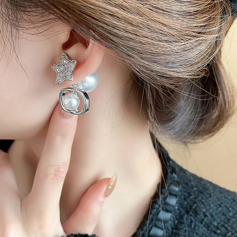 Lennik Exquisite Fashion Zircon Star 925 Sterling Silver Stud Earrings, Faux Pearl Luxury Design, Versatile for Daily/Party,