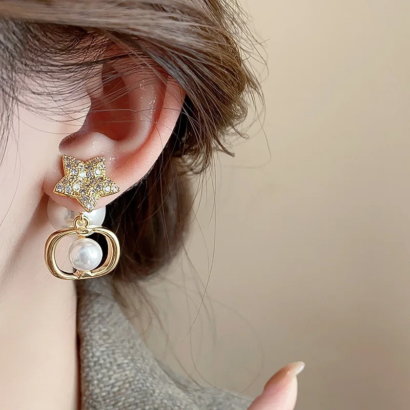 Lennik Exquisite Fashion Zircon Star 925 Sterling Silver Stud Earrings, Faux Pearl Luxury Design, Versatile for Daily/Party,