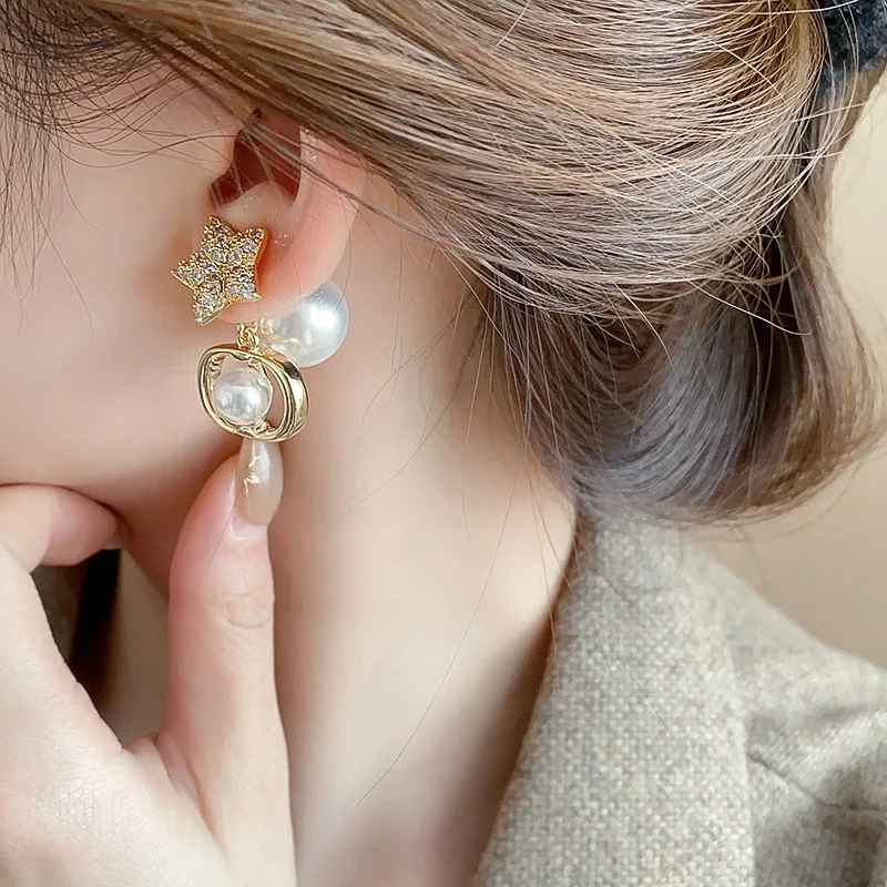 Lennik Exquisite Fashion Zircon Star 925 Sterling Silver Stud Earrings, Faux Pearl Luxury Design, Versatile for Daily/Party,