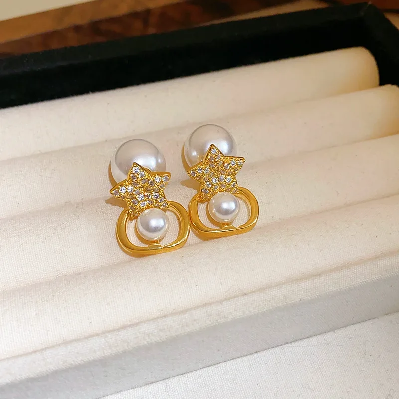 Lennik Exquisite Fashion Zircon Star 925 Sterling Silver Stud Earrings, Faux Pearl Luxury Design, Versatile for Daily/Party,