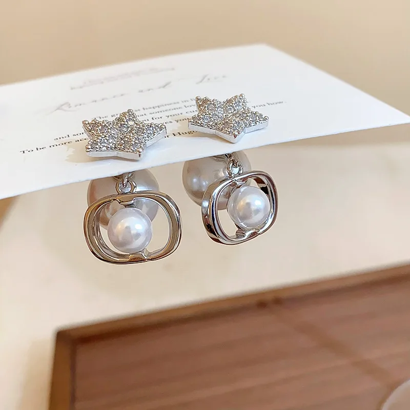 Lennik Exquisite Fashion Zircon Star 925 Sterling Silver Stud Earrings, Faux Pearl Luxury Design, Versatile for Daily/Party,