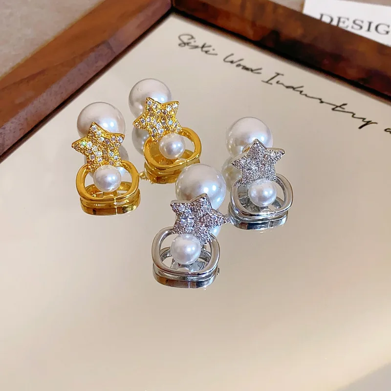 Lennik Exquisite Fashion Zircon Star 925 Sterling Silver Stud Earrings, Faux Pearl Luxury Design, Versatile for Daily/Party,