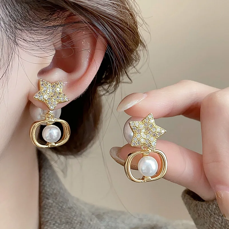Lennik Exquisite Fashion Zircon Star 925 Sterling Silver Stud Earrings, Faux Pearl Luxury Design, Versatile for Daily/Party,
