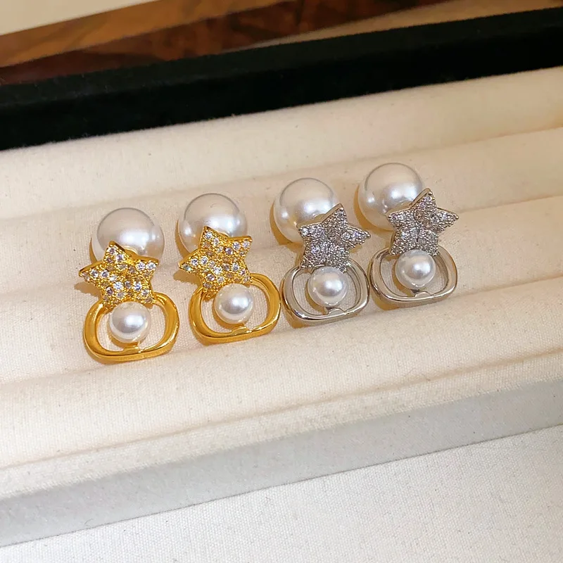 Lennik Exquisite Fashion Zircon Star 925 Sterling Silver Stud Earrings, Faux Pearl Luxury Design, Versatile for Daily/Party,
