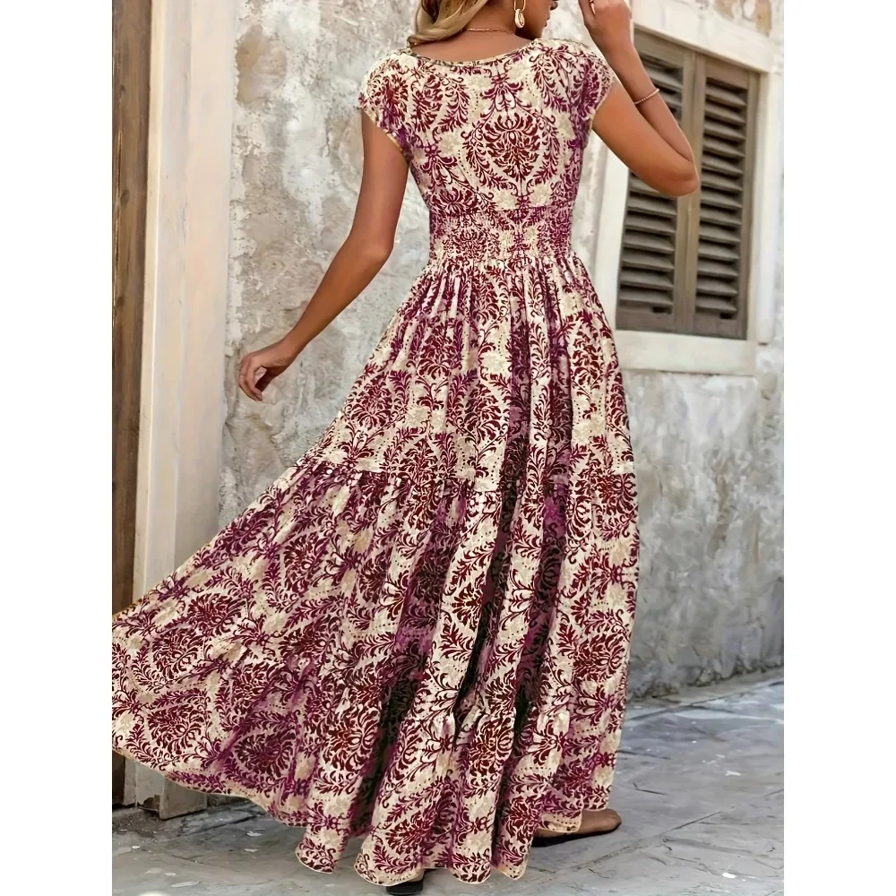 Plus Size Women's Bohemian Floral Print V-Neck Short Sleeve Dress Oversized Ruffled Skirt For Women Casual A-line Long Dresses