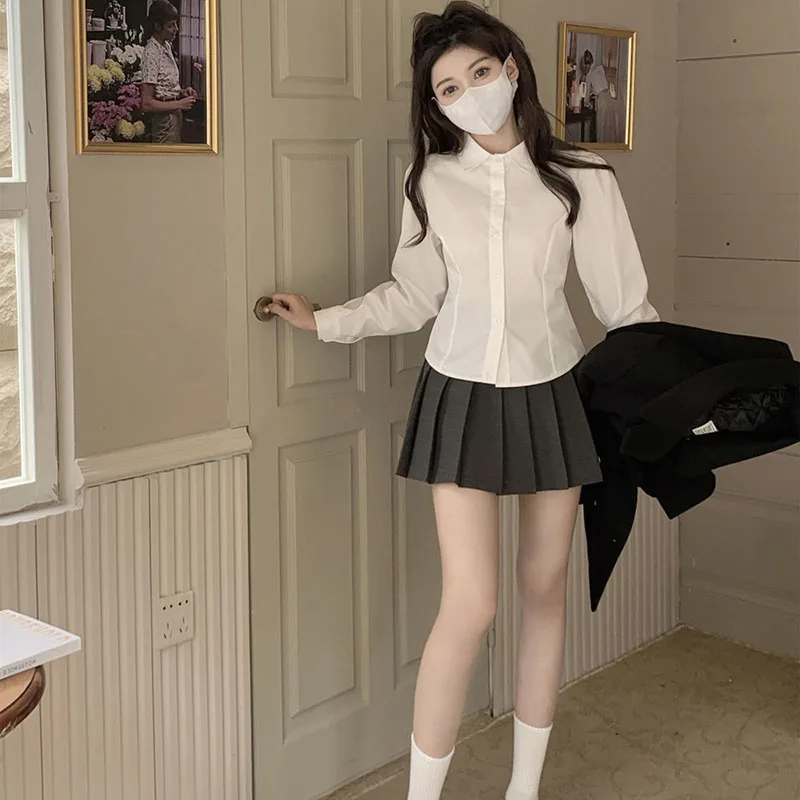 Korean Women Back Lace-Up Shirts Fashion All Match Slim Fit Turndown Collar Shirt Preppy Style School Uniform White Blouse Girl