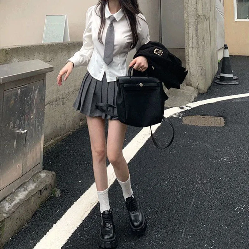 Korean Women Back Lace-Up Shirts Fashion All Match Slim Fit Turndown Collar Shirt Preppy Style School Uniform White Blouse Girl