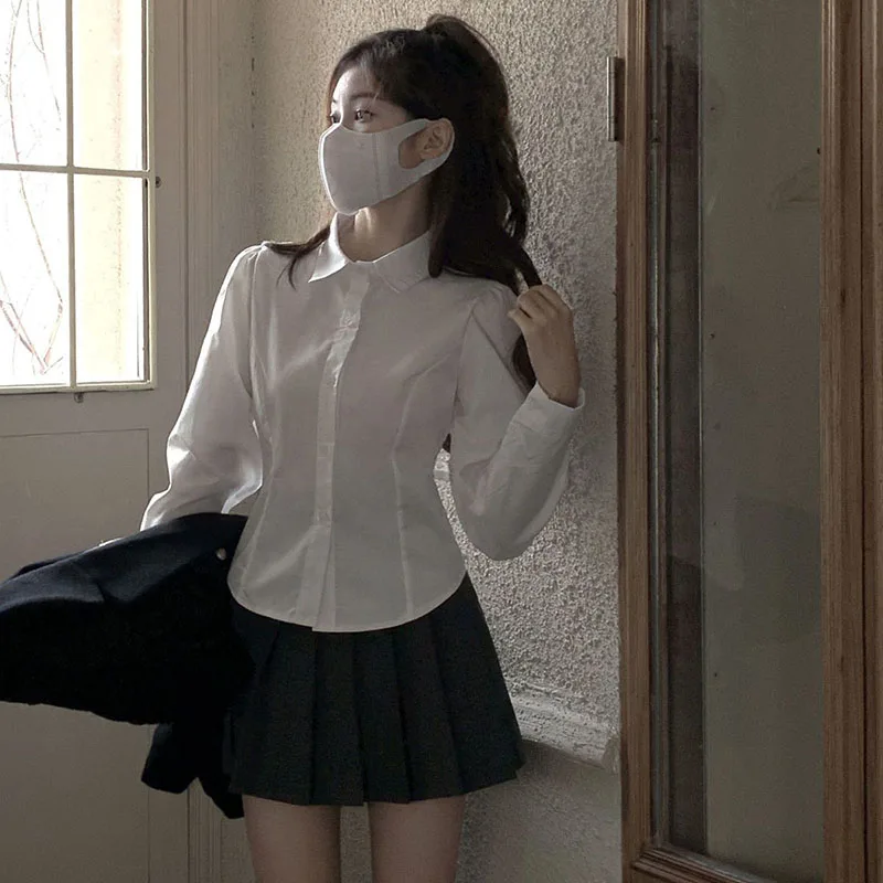 Korean Women Back Lace-Up Shirts Fashion All Match Slim Fit Turndown Collar Shirt Preppy Style School Uniform White Blouse Girl