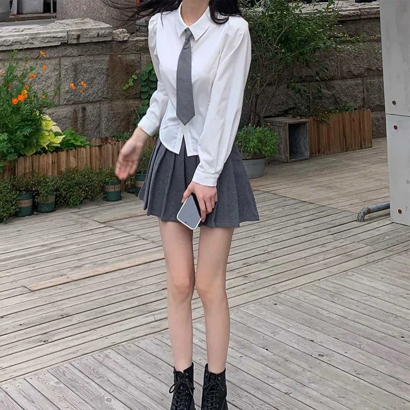 Korean Women Back Lace-Up Shirts Fashion All Match Slim Fit Turndown Collar Shirt Preppy Style School Uniform White Blouse Girl