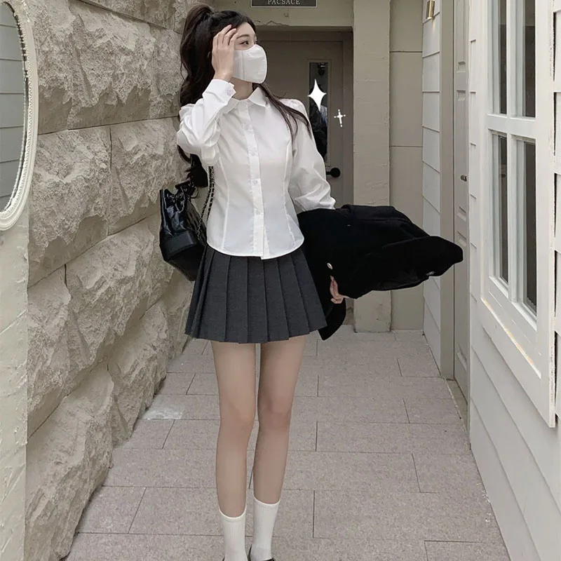 Korean Women Back Lace-Up Shirts Fashion All Match Slim Fit Turndown Collar Shirt Preppy Style School Uniform White Blouse Girl