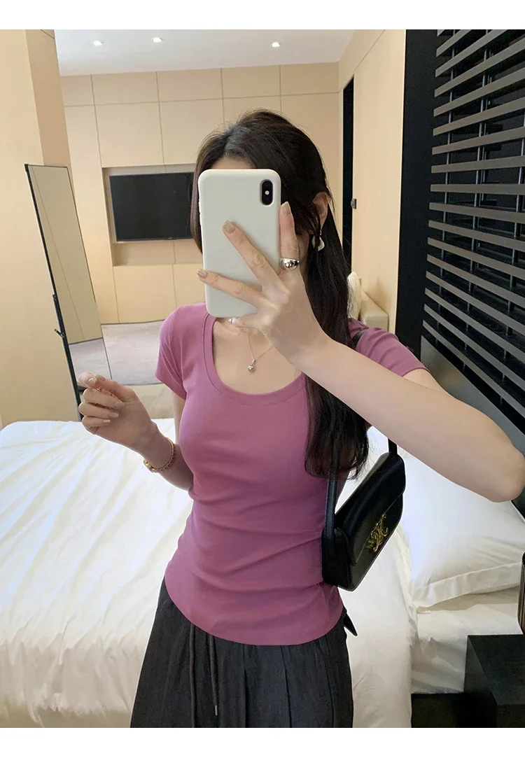 Spring Summer New Short Sleeve T-Shirt Women Solid Simple Casual Soft All-Match Hot Basic Slim Tops Tees Summer Fashion 2026