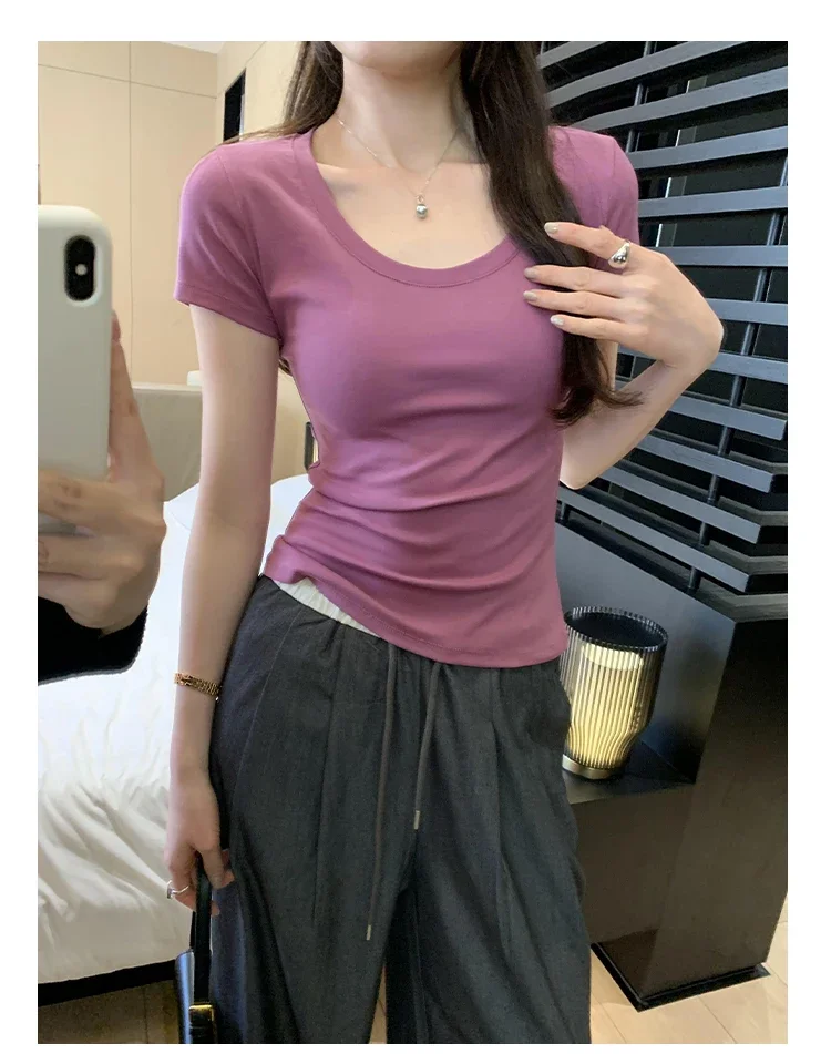 Spring Summer New Short Sleeve T-Shirt Women Solid Simple Casual Soft All-Match Hot Basic Slim Tops Tees Summer Fashion 2026