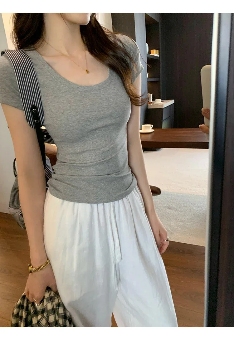 Spring Summer New Short Sleeve T-Shirt Women Solid Simple Casual Soft All-Match Hot Basic Slim Tops Tees Summer Fashion 2026