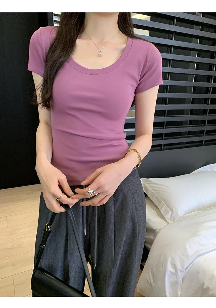 Spring Summer New Short Sleeve T-Shirt Women Solid Simple Casual Soft All-Match Hot Basic Slim Tops Tees Summer Fashion 2026