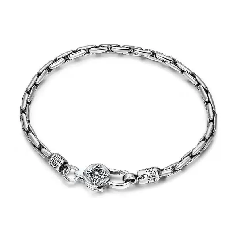 Simplicity Vintage S925 Sterling Silver Bracelet Snake Bone Chain Sculpture Petal Vajra Buckle Bracelet Jewelry Gift