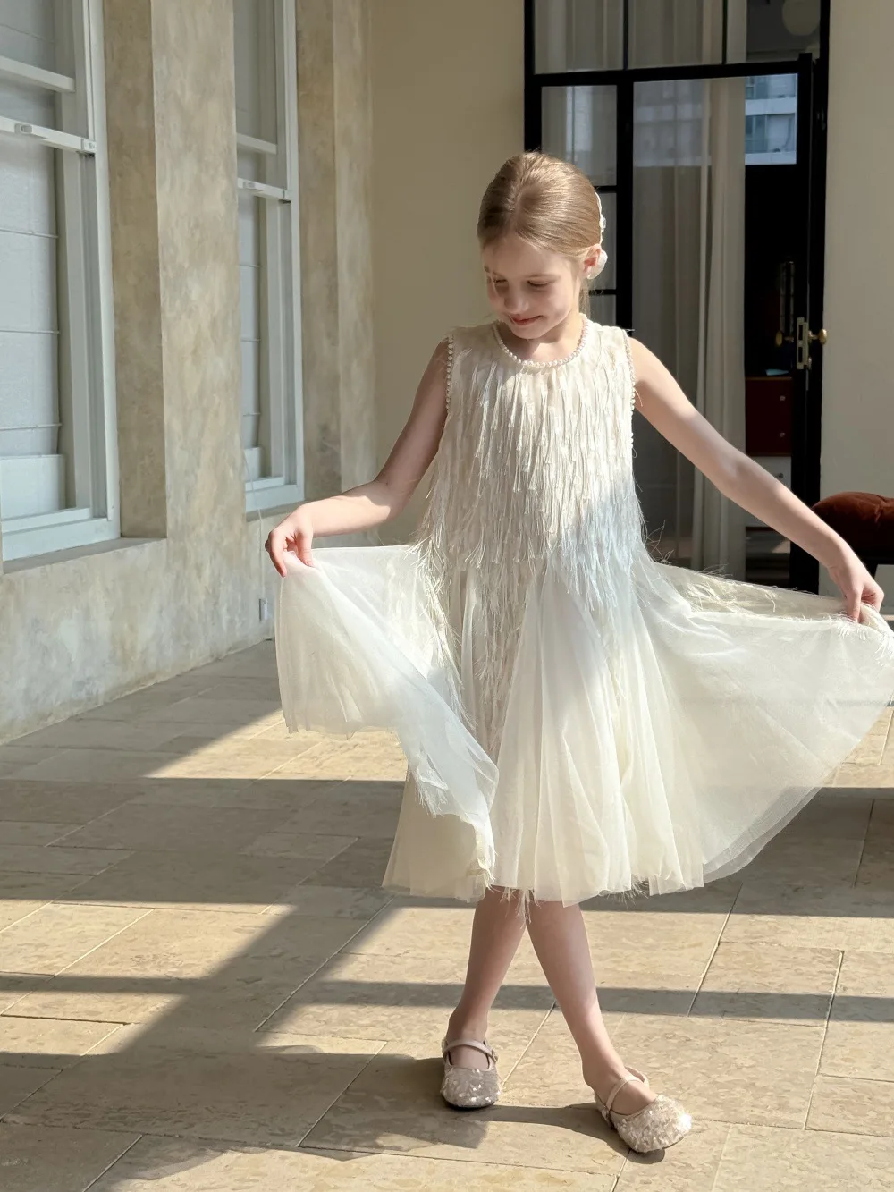 Children Clothing Korean 2026 Girls Summer New Tassel Pearl Vest Dress Little Girl Princess Mesh Dress Trend