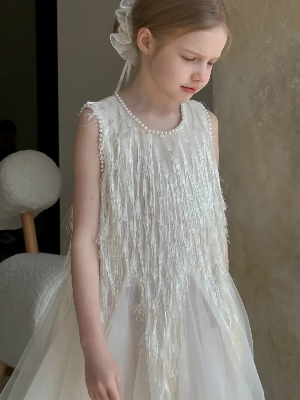 Children Clothing Korean 2026 Girls Summer New Tassel Pearl Vest Dress Little Girl Princess Mesh Dress Trend