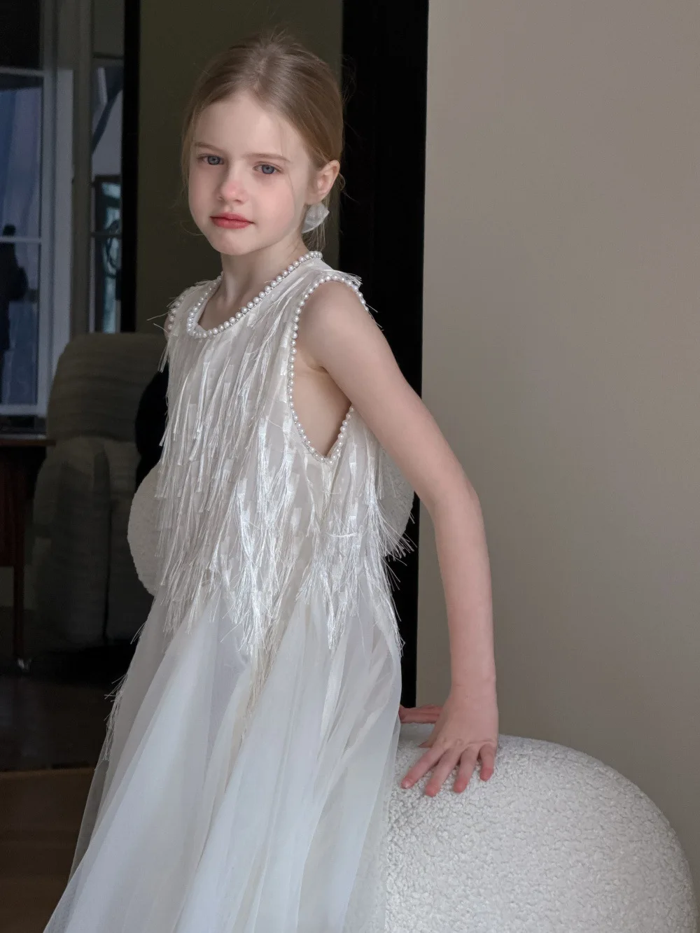 Children Clothing Korean 2026 Girls Summer New Tassel Pearl Vest Dress Little Girl Princess Mesh Dress Trend