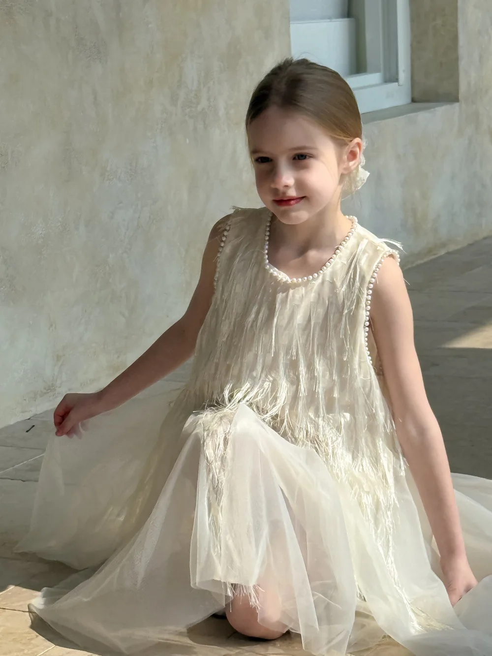 Children Clothing Korean 2026 Girls Summer New Tassel Pearl Vest Dress Little Girl Princess Mesh Dress Trend
