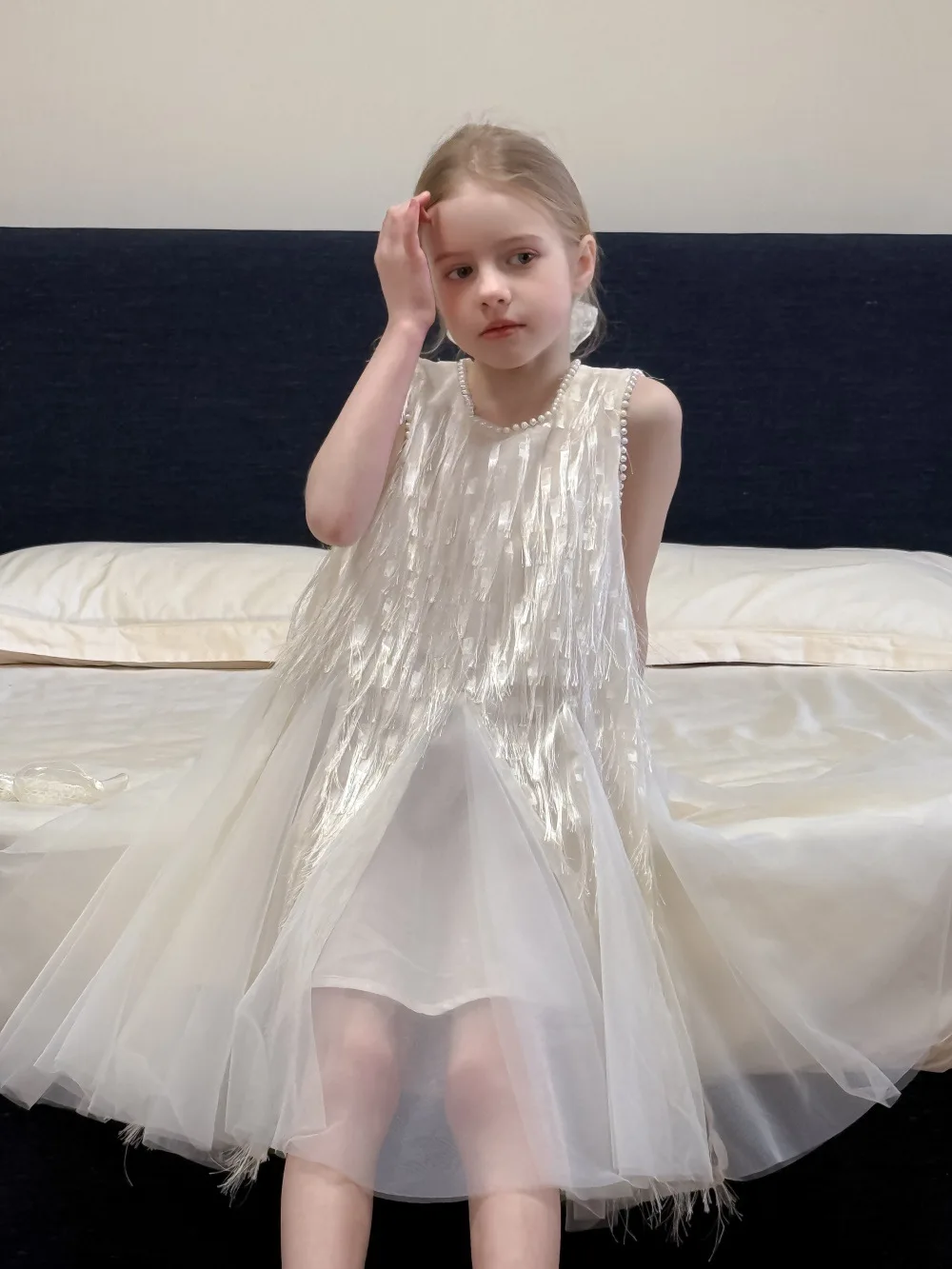 Children Clothing Korean 2026 Girls Summer New Tassel Pearl Vest Dress Little Girl Princess Mesh Dress Trend