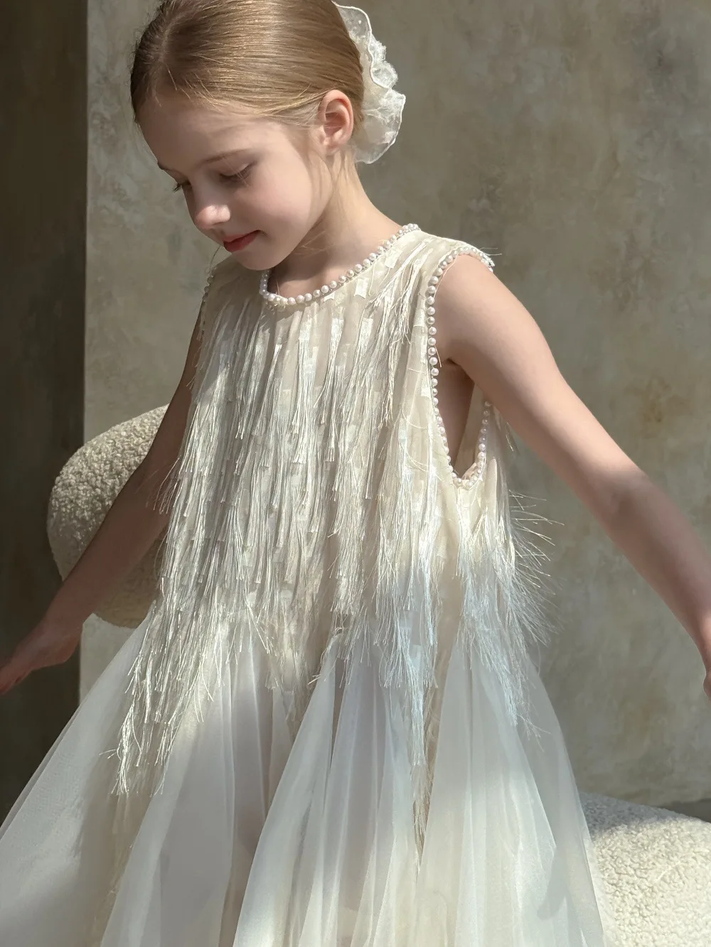 Children Clothing Korean 2026 Girls Summer New Tassel Pearl Vest Dress Little Girl Princess Mesh Dress Trend