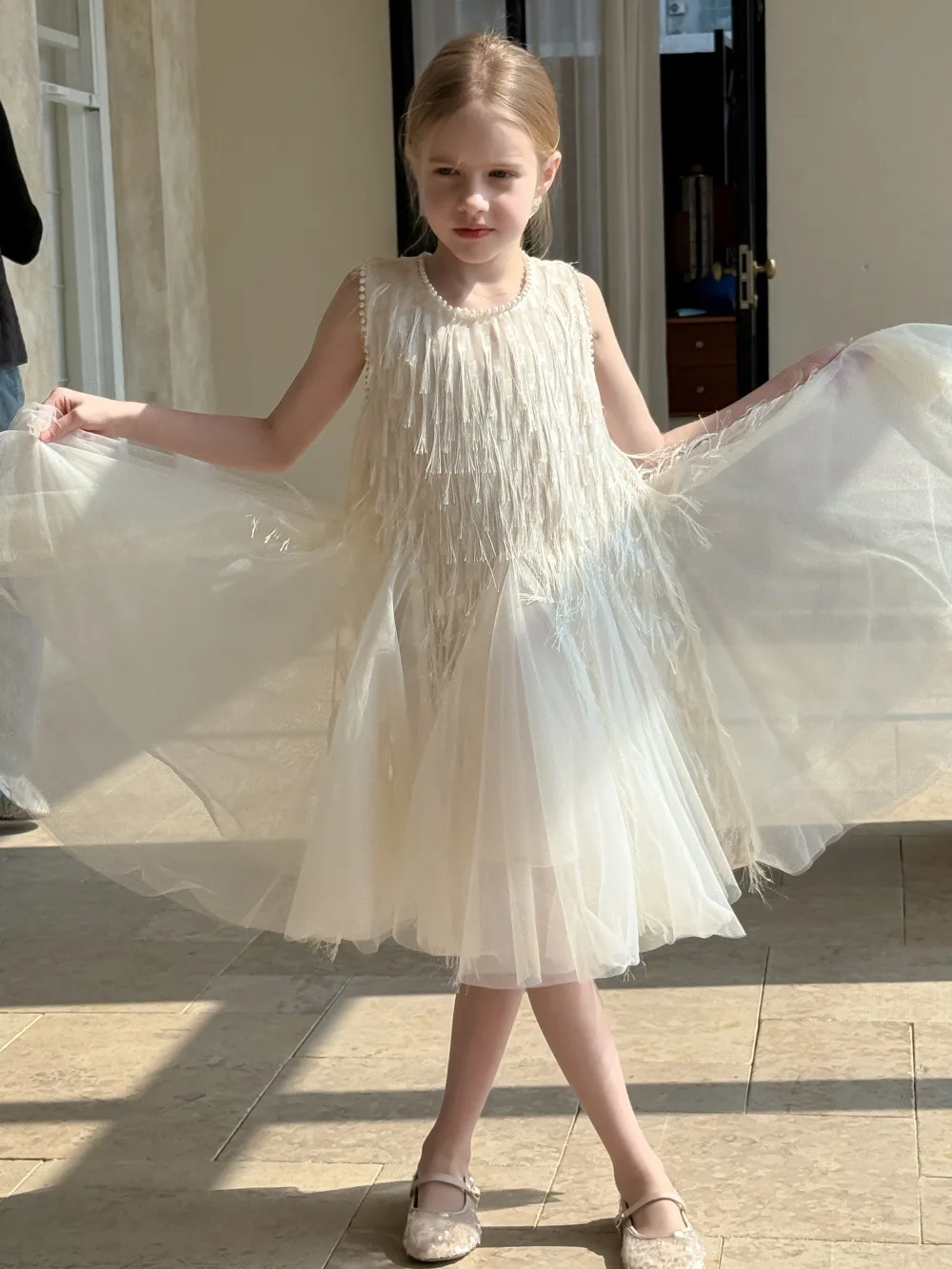 Children Clothing Korean 2026 Girls Summer New Tassel Pearl Vest Dress Little Girl Princess Mesh Dress Trend