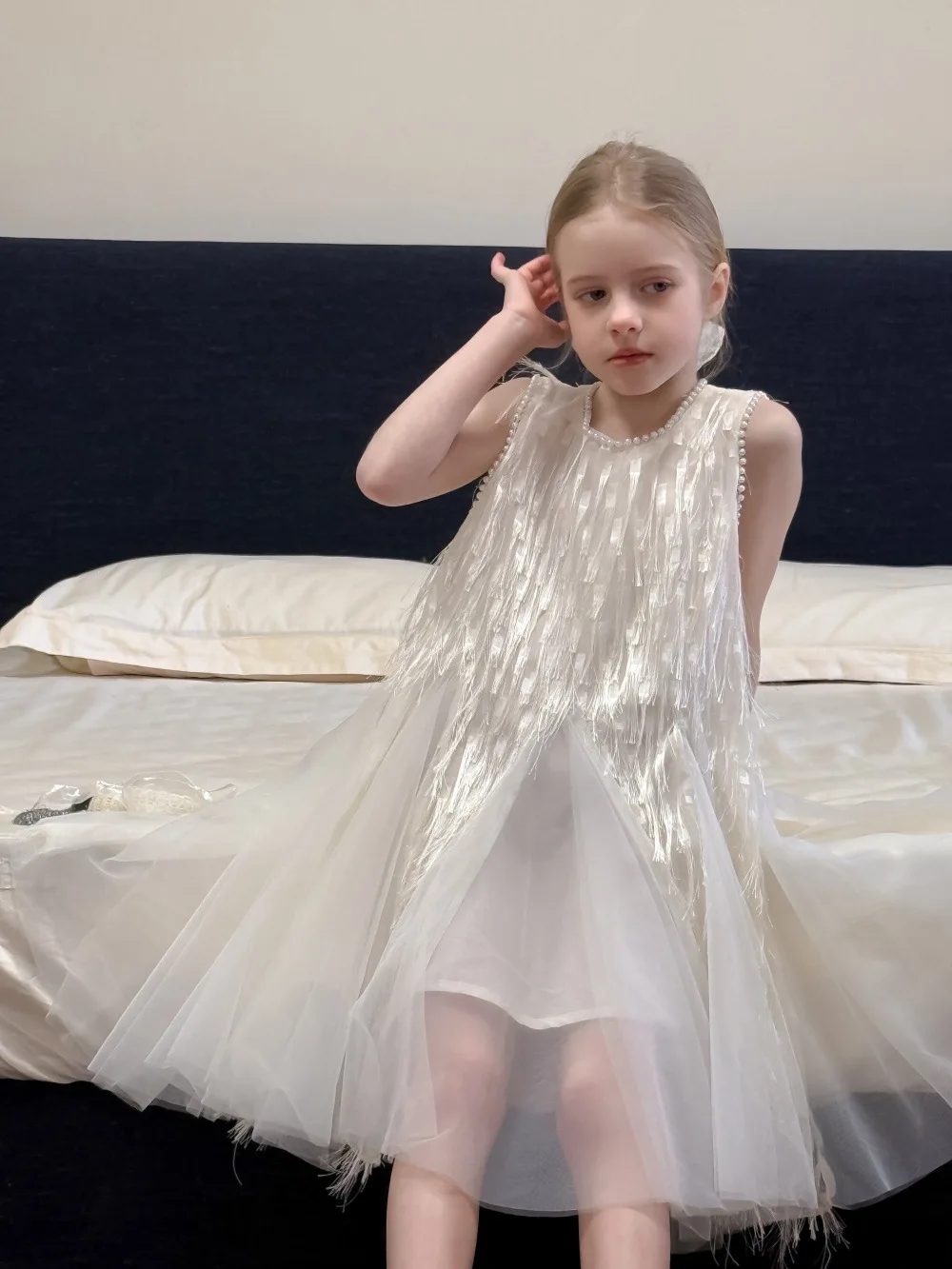 Children Clothing Korean 2026 Girls Summer New Tassel Pearl Vest Dress Little Girl Princess Mesh Dress Trend