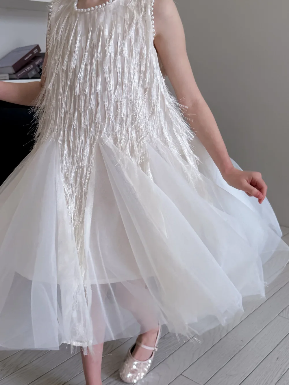 Children Clothing Korean 2026 Girls Summer New Tassel Pearl Vest Dress Little Girl Princess Mesh Dress Trend