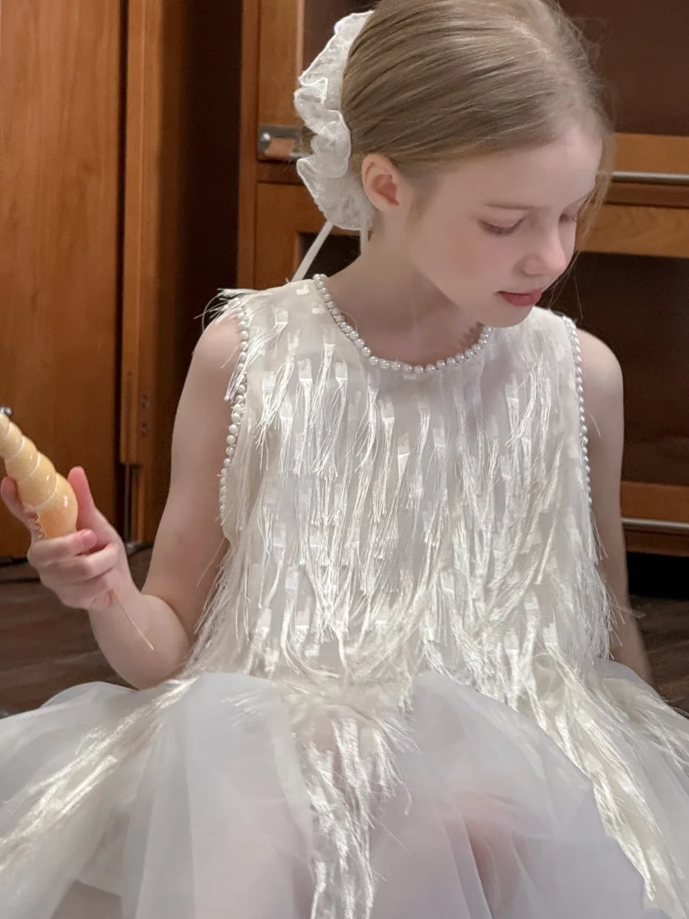 Children Clothing Korean 2026 Girls Summer New Tassel Pearl Vest Dress Little Girl Princess Mesh Dress Trend