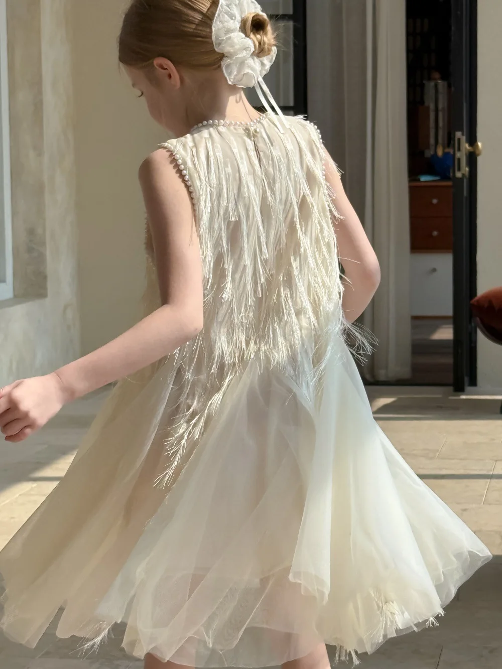 Children Clothing Korean 2026 Girls Summer New Tassel Pearl Vest Dress Little Girl Princess Mesh Dress Trend