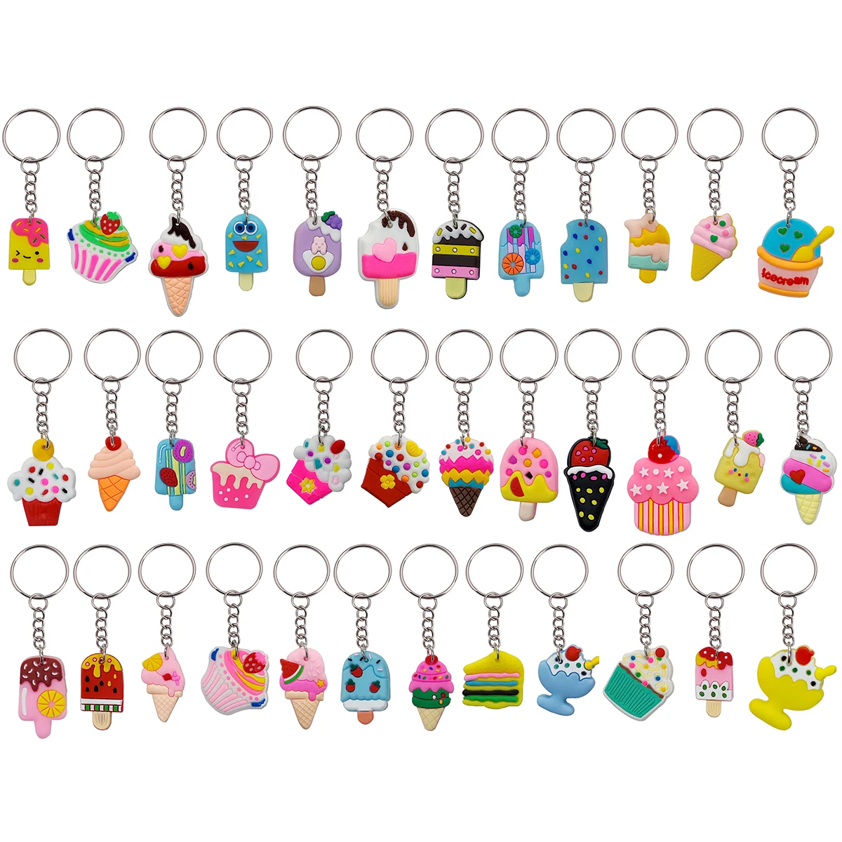 36pcs Cartoon Ice Cream Keychains Cute Ladies Bag Accessories Classroom Prizes Holiday Party Favors Back-to-School Gifts