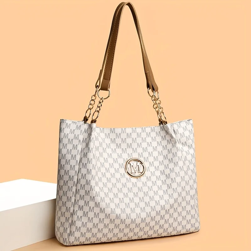Vintage Geometric Tote Bag Synthetic Leather Letter "M" Design for Women Handbag Shoulder Bag Large Capacity Shopping Travel Bag