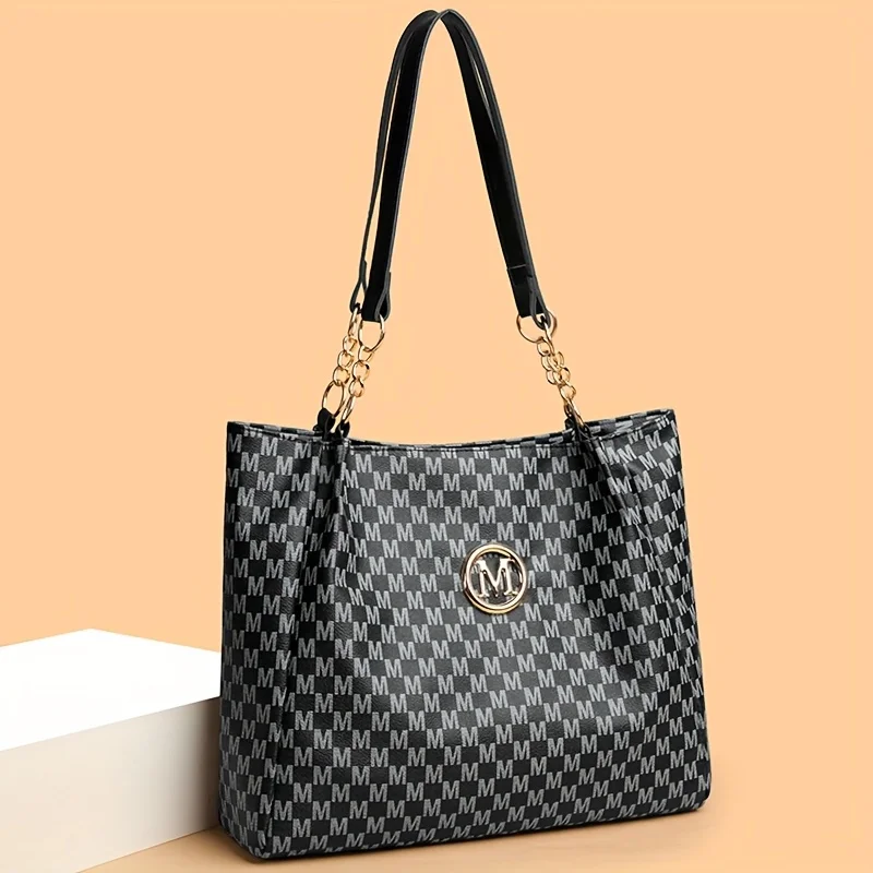 Vintage Geometric Tote Bag Synthetic Leather Letter "M" Design for Women Handbag Shoulder Bag Large Capacity Shopping Travel Bag