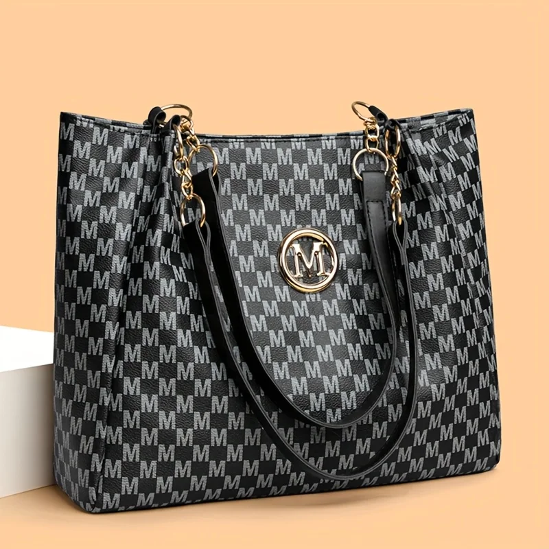 Vintage Geometric Tote Bag Synthetic Leather Letter "M" Design for Women Handbag Shoulder Bag Large Capacity Shopping Travel Bag
