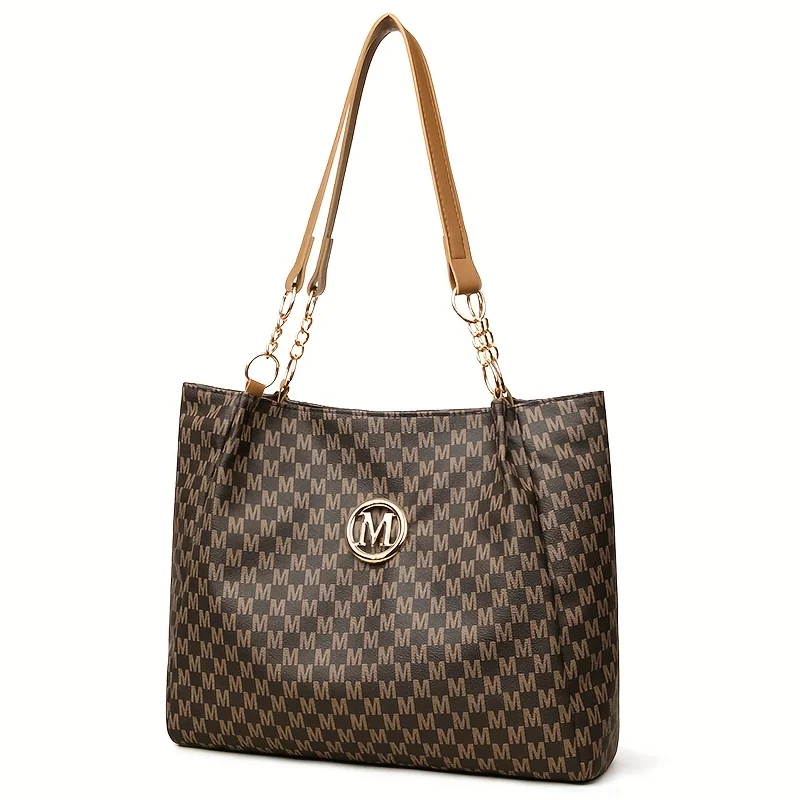 Vintage Geometric Tote Bag Synthetic Leather Letter "M" Design for Women Handbag Shoulder Bag Large Capacity Shopping Travel Bag