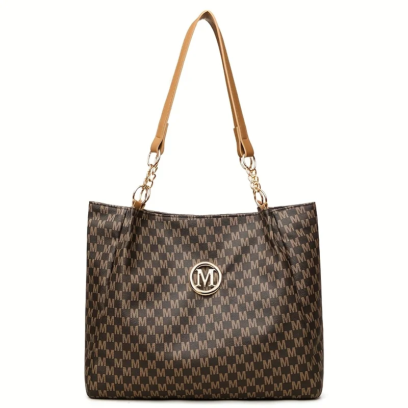 Vintage Geometric Tote Bag Synthetic Leather Letter "M" Design for Women Handbag Shoulder Bag Large Capacity Shopping Travel Bag