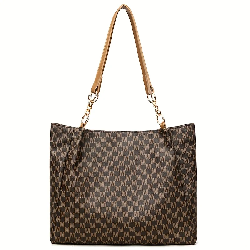 Vintage Geometric Tote Bag Synthetic Leather Letter "M" Design for Women Handbag Shoulder Bag Large Capacity Shopping Travel Bag