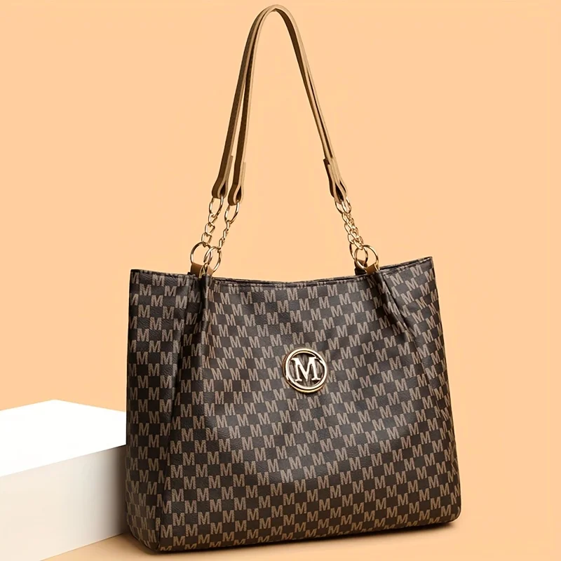 Vintage Geometric Tote Bag Synthetic Leather Letter "M" Design for Women Handbag Shoulder Bag Large Capacity Shopping Travel Bag