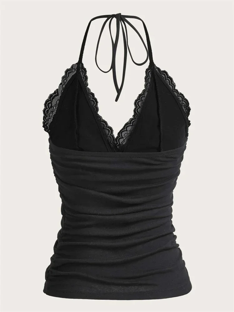 Goth Grunge Punk Black Lace Patchwork Halter Top Women Summer Solid Ruched Backless Sleeveless Tank Top Streetwear Y2K Clothes