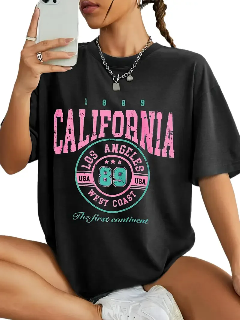 100% Cotton t-shirt Crew Neck California Los Angeles Women's Fashion Casual Tee Artistic Print Summer Top Tee