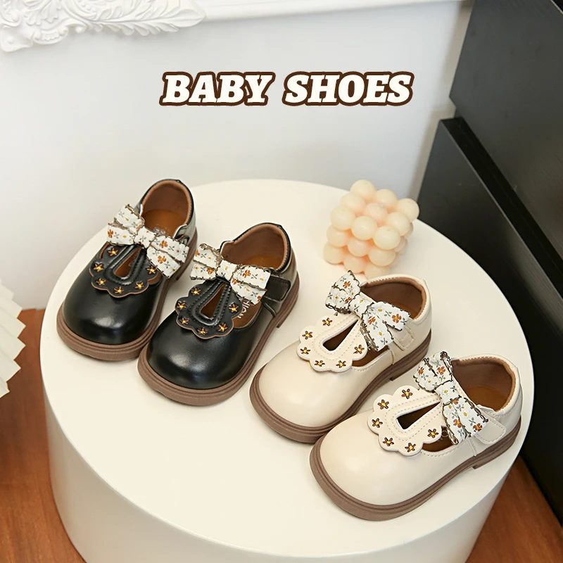 Cute Bow Leather Girls Shoes 2026 New T-strap Oxfords Spring Kids Soft Shoes For Girl School Children Princess Dress Shoes