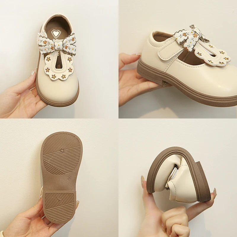 Cute Bow Leather Girls Shoes 2026 New T-strap Oxfords Spring Kids Soft Shoes For Girl School Children Princess Dress Shoes