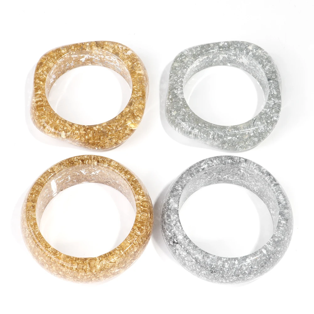 Exaggerated Acrylic Round Chunky Bangle Women Gold Color Glitter Resin Irregular Square Wide Hand Bracelet Trend Jewelry Gift